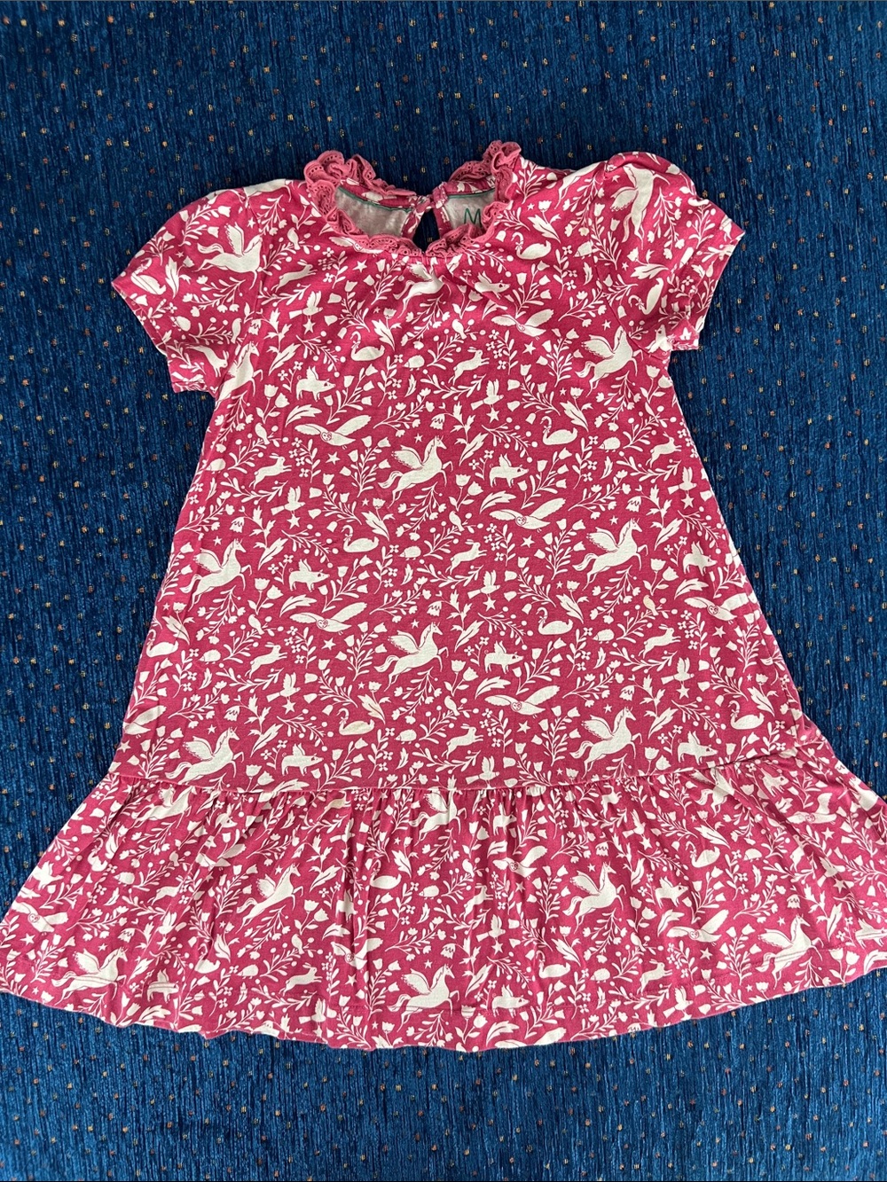 Mini Boden 6/7 Pink Dress w/ floral, Unicorn, owl, hedgehog, flying pig print